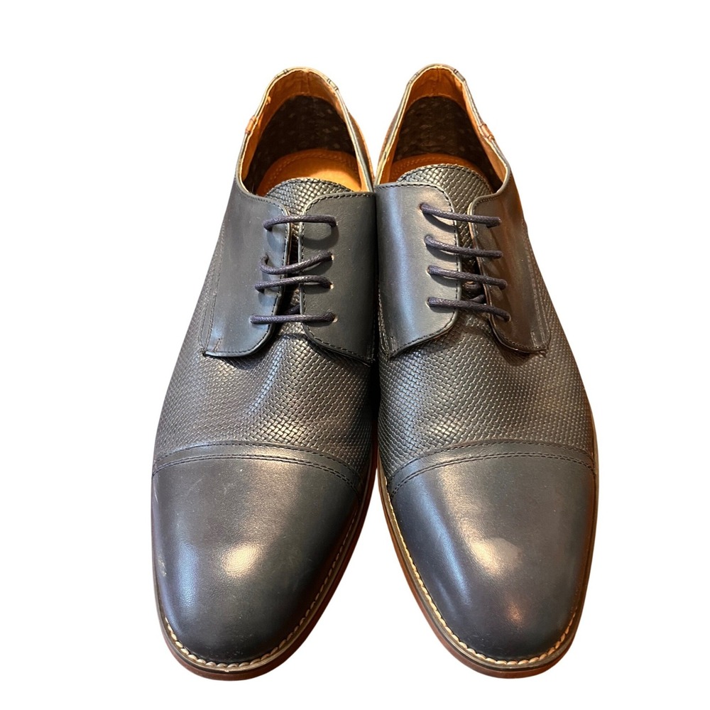 Steve Madden Mens Navy Blue Leather Cap Toe Oxford Dress Shoes Textured Weave
